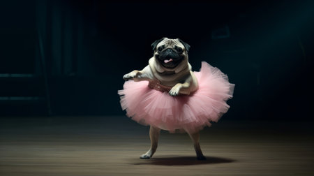 Pug Dod in a light pink ballet skirt is dancing like a ballerina, Illustration Generative AIの素材