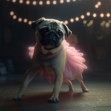 Pug Dod in a light pink ballet skirt is dancing like a ballerina, Illustration Generative AIの素材