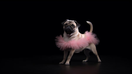 Pug Dod in a light pink ballet skirt is dancing like a ballerina, Illustration Generative AIの素材