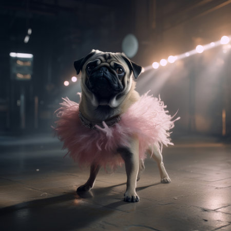 Pug Dod in a light pink ballet skirt is dancing like a ballerina, Illustration Generative AIの素材