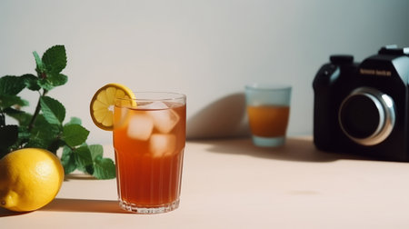 Cold tea with lemon. Illustration Generative AIの素材
