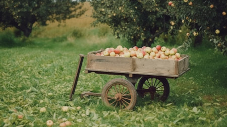 A handcart full af apples in garden. Illustration Generative AIの素材