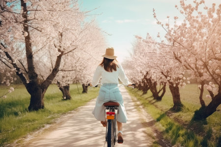 Girl rides bicycle in sakura park. Illustration Generative AIの素材