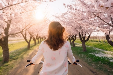 Girl rides bicycle in sakura park. Illustration Generative AIの素材