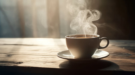 Steaming cup of coffee. Illustration Generative AIの素材