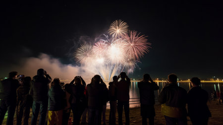 Group of people watching fireworks. Illustration Generative AIの素材