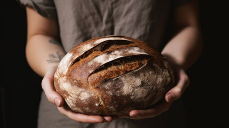 Woman holding fresh bread. Illustration Generative AIの素材