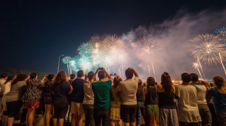 Group of people watching fireworks. Illustration Generative AIの素材
