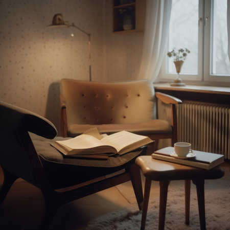 Arm chair and open book. Illustration Generative AIの素材
