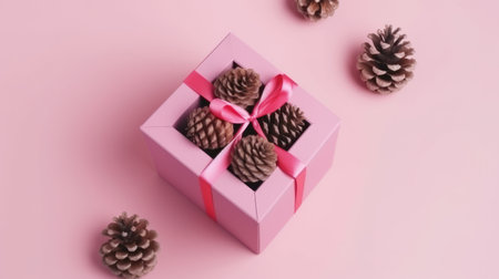 Pink gift box with pinecones. Illustration Generative AIの素材