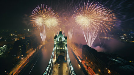 Holiday Fireworks in London. Illustration Generative AIの素材