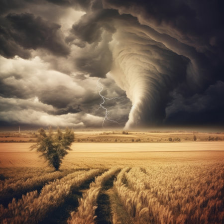 Tornado rages through a field. Illustration Generative AIの素材