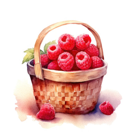 Watercolor raspberries in basket. Illustration Generative AIの素材