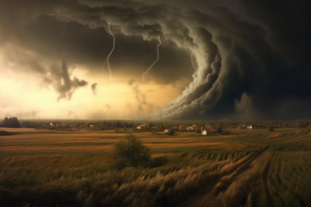 Tornado rages through a field. Illustration Generative AIの素材