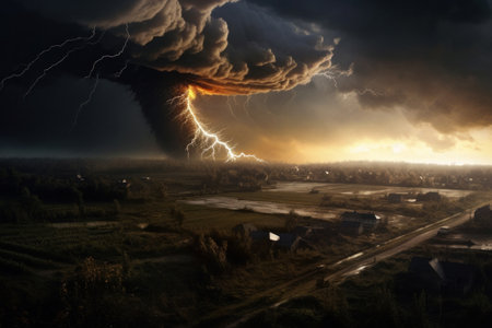 Tornado rages through a field. Illustration Generative AIの素材