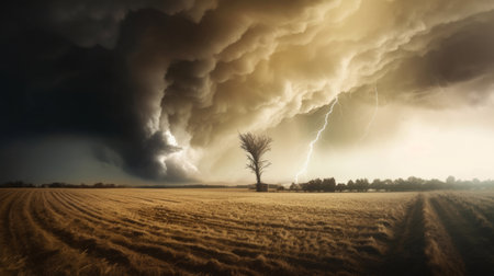Tornado rages through a field. Illustration Generative AIの素材