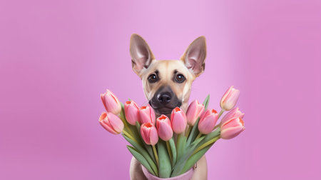 Cute funny dog with flowers. Illustration Generative AIの素材