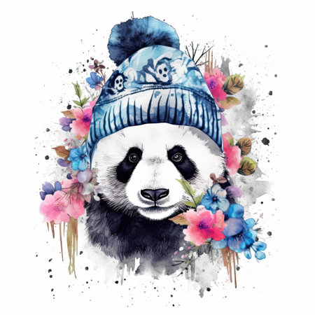 Watercolor panda in hat with flowers. Illustration Generative AIの素材