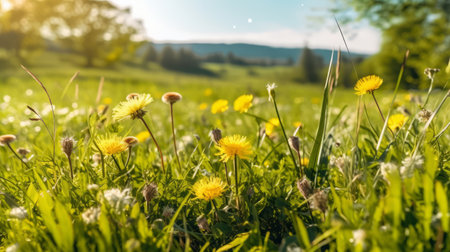 Meadow of yellow dandelion. Illustration Generative AIの素材