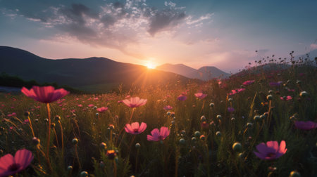 Mountain with cosmos blooming. Illustration Generative AIの素材