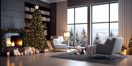 Modern living room with Christmas decor. Illustration Generative AIの素材