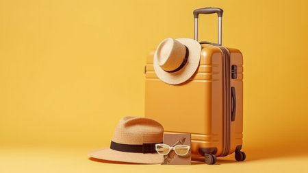 Suitcase with Sun Hat on yellow background. Illustration Generative AIの素材
