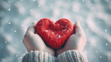 Hands with knitted heart in winter. Illustration Generative AIの素材
