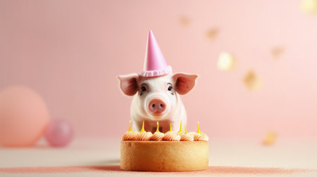 Cute birthday pig with cake. Illustration Generative AIの素材
