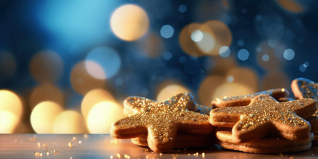 Christmas tree cookie cutter on golden shiny glitter, Illustration Generative AIの素材
