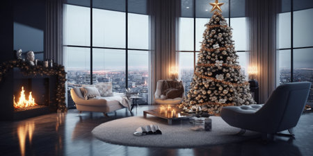 Modern living room with Christmas decor. Illustration Generative AIの素材