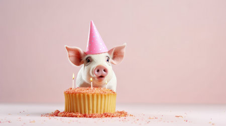 Cute birthday pig with cake. Illustration Generative AIの素材