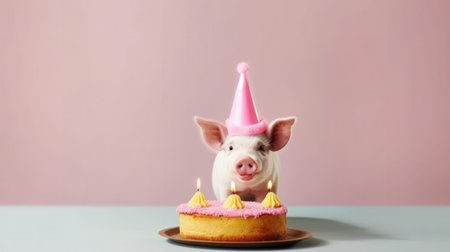 Cute birthday pig with cake. Illustration Generative AIの素材