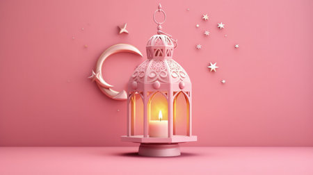 Eid Mubarak pink background with lantern. Illustration Generative AIの素材