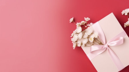 A white gift box with a red bow is placed on a light pink background with a small bouquet