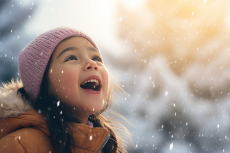 A young girl excitedly catching snowflakes on her tongueの素材