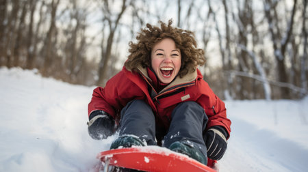A woman smiling as she sleds down a hill on a bright red sled.の素材