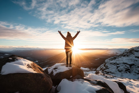 A woman standing on a mountaintop, arms outstretched and face turned towards the sun.の素材