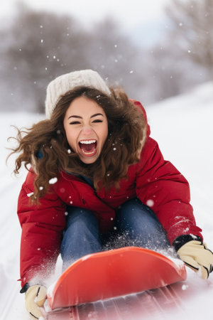 A woman smiling as she sleds down a hill on a bright red sled.の素材