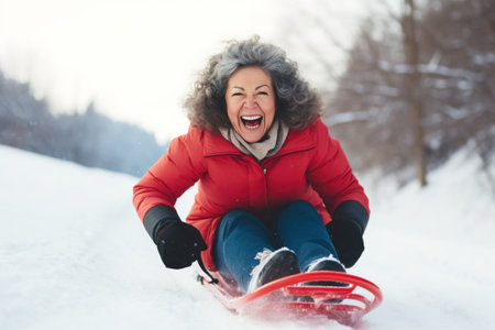 A woman smiling as she sleds down a hill on a bright red sled.の素材