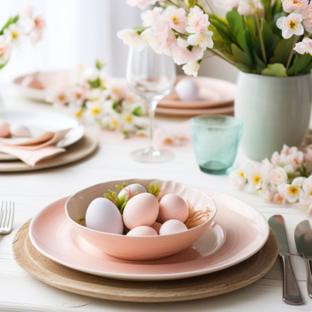 A beautifully decorated Easter table setting with pastel-colored eggs, flowers, and greenery on a light wood background with space for text.の素材