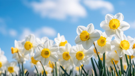 A close-up shot of a bunch of daffodils with a blurred background of blue skies and white clouds.の素材