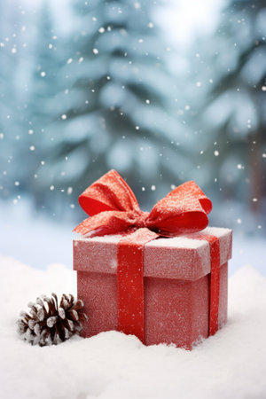 gift box with a big red bow, placed on a snowy background with pine cones and branches.の素材