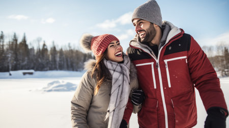 A couple holding hands and ice skating on a frozen lake with big smiles on their faces.の素材