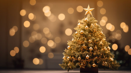 A Christmas tree decorated with golden ornaments and twinkling lights.の素材