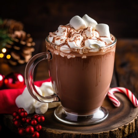 A close-up shot of a cup of hot cocoa with marshmallows and candy canes.の素材