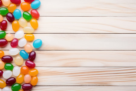 Colorful jelly beans arranged in a springtime pattern on a light wood background.の素材