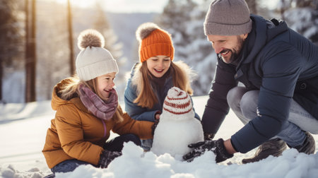 A family of four building a snowman together with scarves and hats.の素材