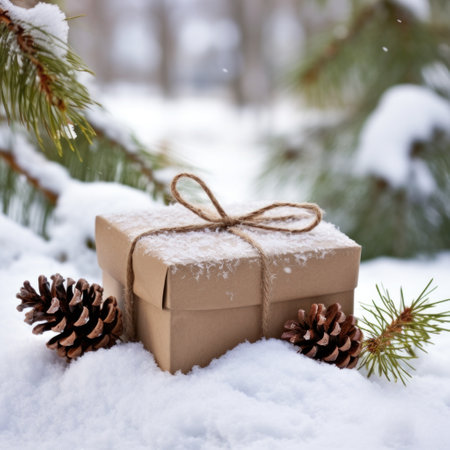 gift box with an empty tag hanging from a tree branch, surrounded by snow and pine cones.の素材