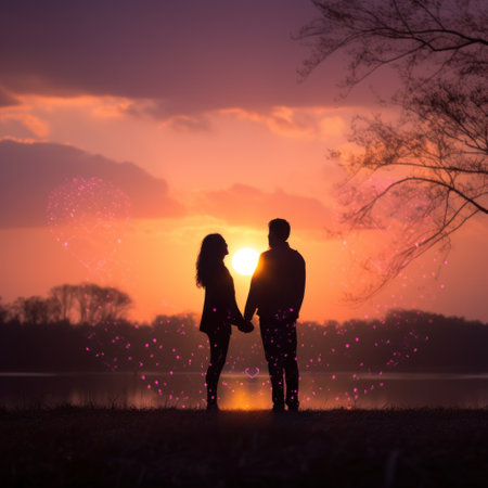 Couple's silhouettes against a pink and purple sunset with a heart-shaped sun flare.の素材
