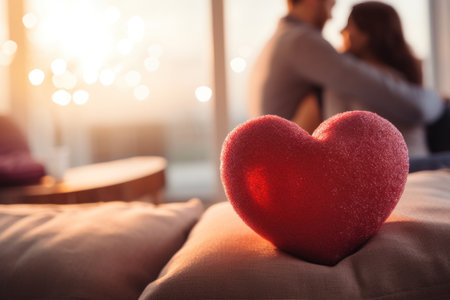 couple cuddling on a couch with a heart-shaped pillow in the foreground and a blurred bokeh background.の素材